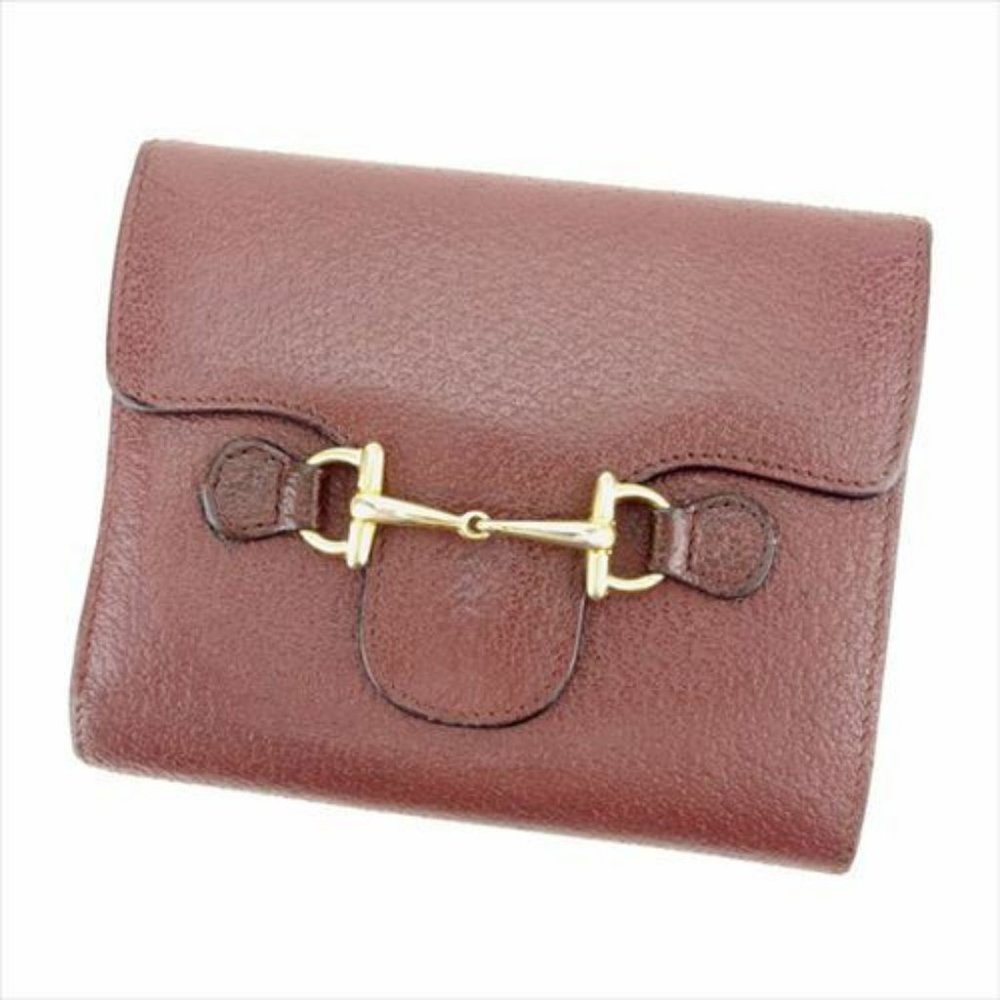Auth Gucci Wallet Purse Trifold Brown Gold leather Woman unisex